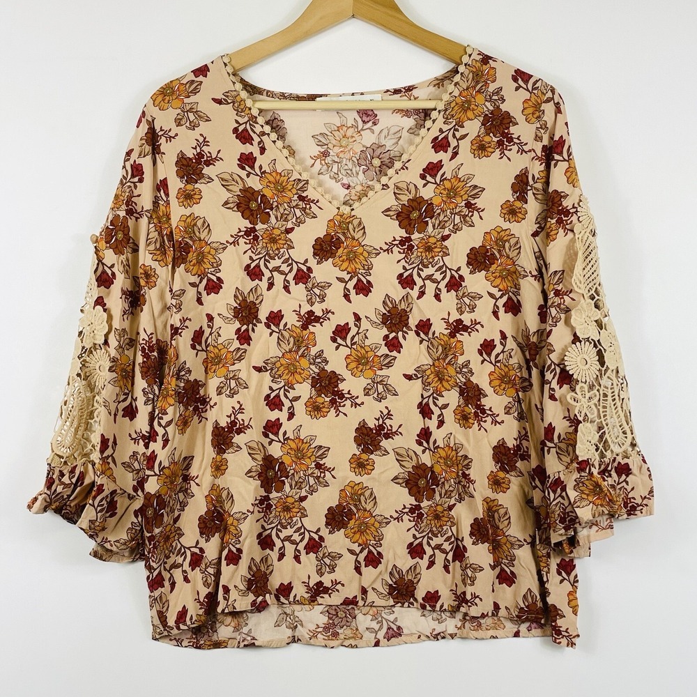RusttyDustty Womens XL Shirt Blouse Tan Floral Lace Boho Peasant Festival Desert